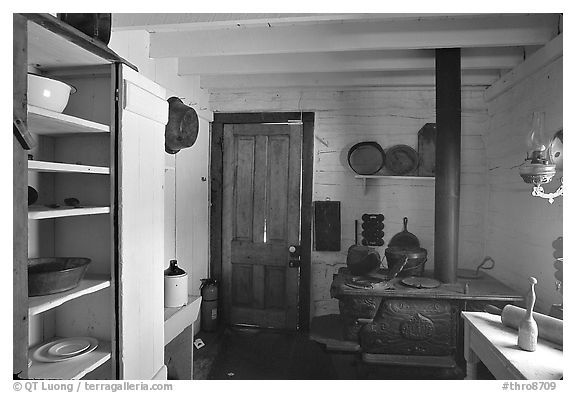 Kitchen of Roosevelt's Maltese Cross Cabin. Theodore Roosevelt National Park (black and white)