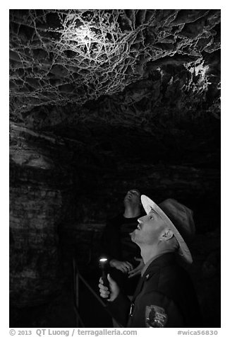 Ranger pointing flashlight at boxwork. Wind Cave National Park (black and white)