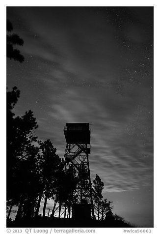 Rankin Ridge tower at dusk and starry sky. Wind Cave National Park (black and white)