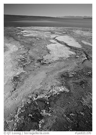 West Thumb geyser basin and Yellowstone lake. Yellowstone National Park (black and white)