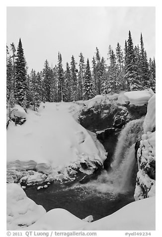 Moose Falls in winter. Yellowstone National Park (black and white)