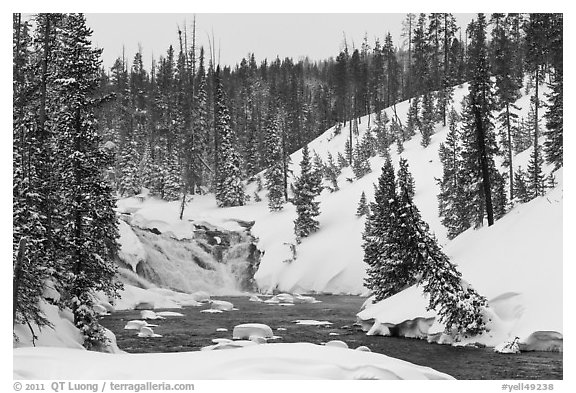 Lewis Falls in winter. Yellowstone National Park (black and white)