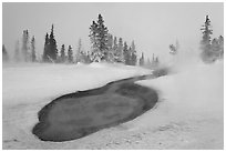 Thermal pool in winter, West Thumb Geyser Basin. Yellowstone National Park, Wyoming, USA. (black and white)