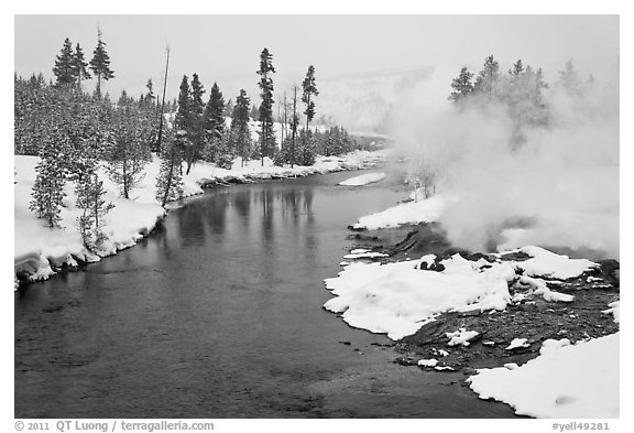 Thermal steam along the Firehole River in winter. Yellowstone National Park, Wyoming, USA.