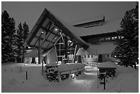 New Visitor Center at night. Yellowstone National Park, Wyoming, USA. (black and white)