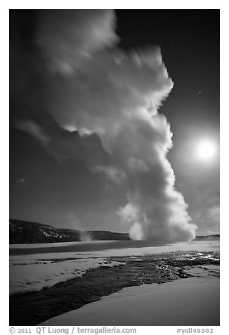 Old Faithful Geyser in the winter with moon. Yellowstone National Park, Wyoming, USA.