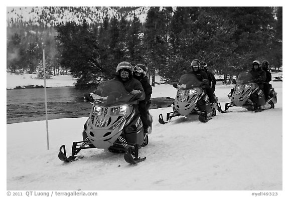 Snowmobile riders. Yellowstone National Park (black and white)