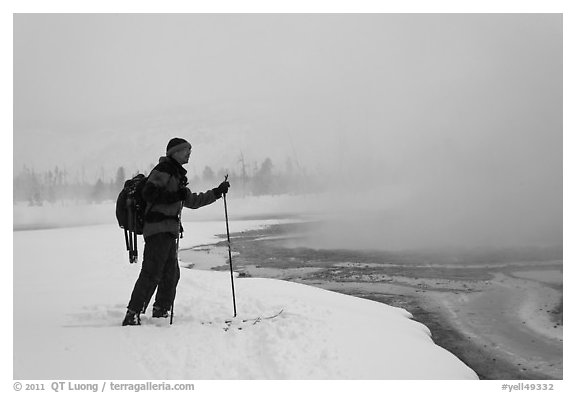 Skier at the edge of thermal pool. Yellowstone National Park (black and white)