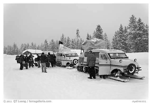 Winter tour snow coaches unloading, Flagg Ranch. Yellowstone National Park (black and white)
