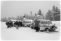 Winter tour snow coaches unloading, Flagg Ranch. Yellowstone National Park, Wyoming, USA. (black and white)