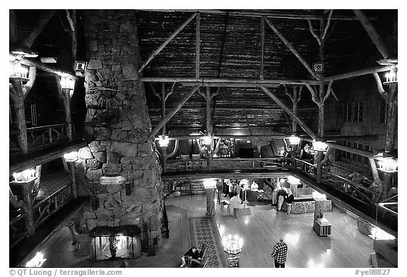 Main hall of Old Faithful Inn. Yellowstone National Park (black and white)