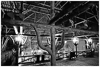 Wooden structures inside Old Faithful Inn. Yellowstone National Park, Wyoming, USA. (black and white)