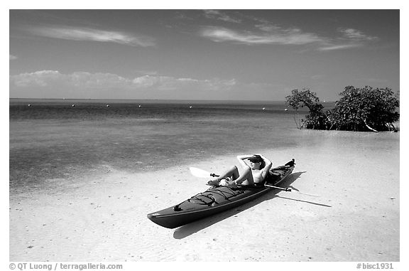 Kayaker relaxing on Elliott Key. Biscayne National Park (black and white)