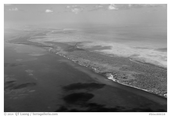 Aerial view of reef, Elliott Key, and Biscayne Bay. Biscayne National Park (black and white)