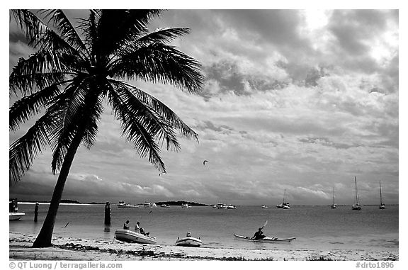 Beach and boats moored in Tortugas anchorage. Dry Tortugas National Park (black and white)