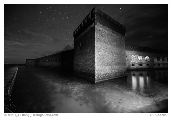 Fort Jefferson corner turret and moat at night. Dry Tortugas National Park, Florida, USA.