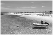 Dinghy on clear waters, Loggerhead Key. Dry Tortugas National Park, Florida, USA. (black and white)
