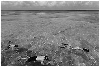 Snorkelers and reef, Garden Key. Dry Tortugas National Park, Florida, USA. (black and white)