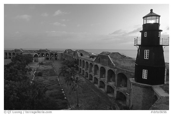 Fort Jefferson lighthouse and inner courtyard, dawn. Dry Tortugas National Park (black and white)