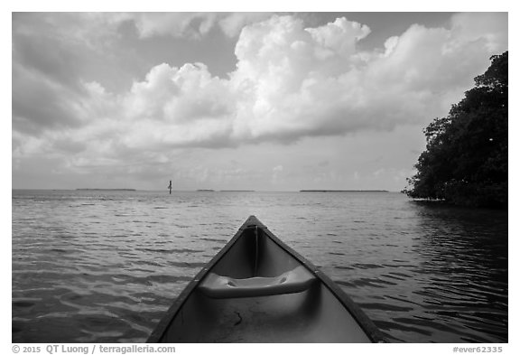 Canoe pointing to Florida Bay. Everglades National Park (black and white)