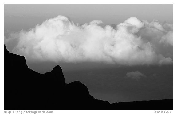 Clouds and Haleakala crater, evening. Haleakala National Park (black and white)