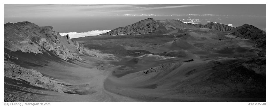 Volcanic landscape with brightly colored ash. Haleakala National Park (black and white)