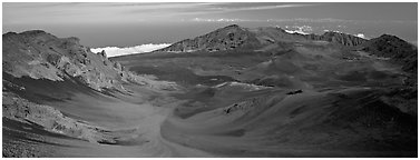 Volcanic landscape with brightly colored ash. Haleakala National Park (Panoramic black and white)