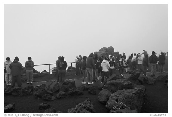 Tourists waiting for sunrise. Haleakala National Park (black and white)