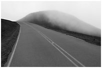 Summit road in fog, Haleakala crater. Haleakala National Park, Hawaii, USA. (black and white)