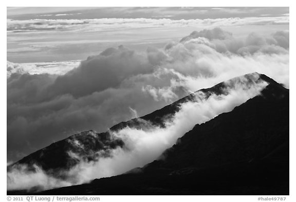 Crater ridges with clouds. Haleakala National Park (black and white)