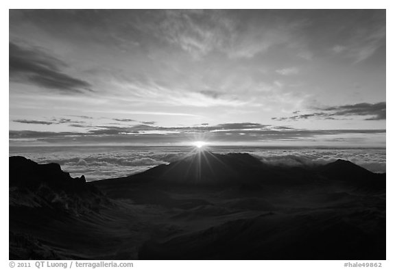 Sun rising, Haleakala Crater. Haleakala National Park (black and white)