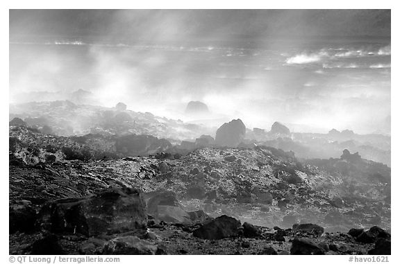 Fumeroles and hardened lava, early morning. Hawaii Volcanoes National Park (black and white)