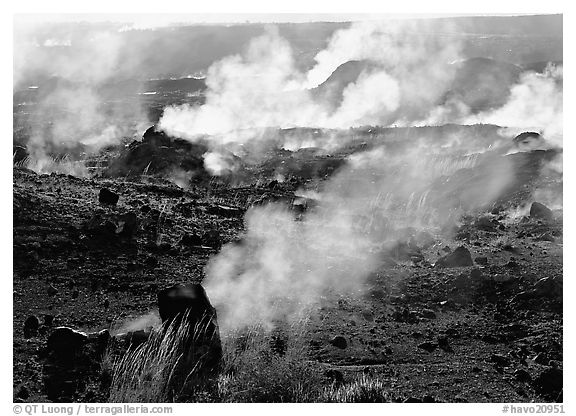 Fumeroles on the rim of Halemaumau crater. Hawaii Volcanoes National Park (black and white)