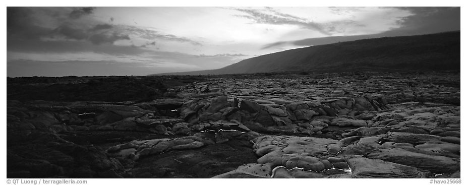 Landscape with red lava flow at sunset. Hawaii Volcanoes National Park (black and white)