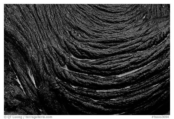 Ripples of hot  pahoehoe lava. Hawaii Volcanoes National Park (black and white)