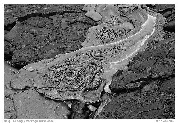 Molten Lava flowing. Hawaii Volcanoes National Park (black and white)