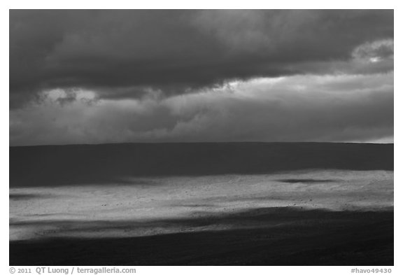 Light, shadows and clouds over Mauna Loa summit. Hawaii Volcanoes National Park (black and white)