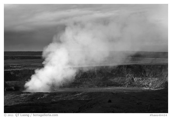 Sulfur dioxide plume shooting from vent, Halemaumau crater. Hawaii Volcanoes National Park (black and white)