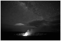 Glowing crater, plume, and Milky Way, Kilauea summit. Hawaii Volcanoes National Park, Hawaii, USA. (black and white)
