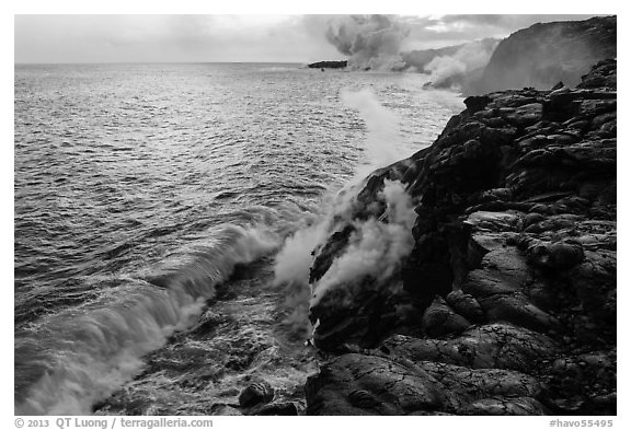 Coastline with lava entering ocean. Hawaii Volcanoes National Park (black and white)