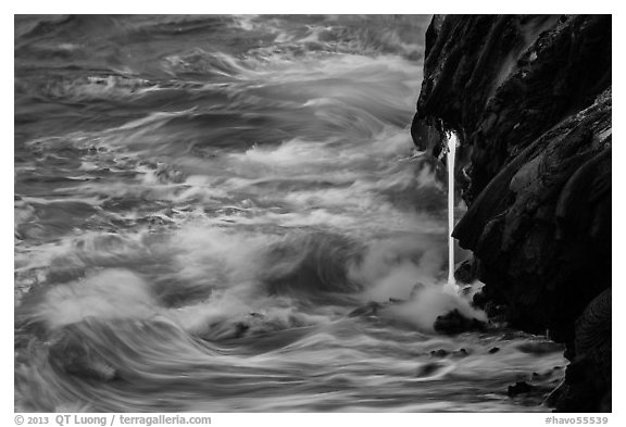 Waves and lava spigot. Hawaii Volcanoes National Park (black and white)