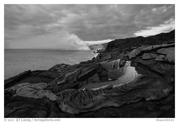 Surface lava flow on the coast. Hawaii Volcanoes National Park (black and white)