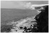 Coastline with lava ocean entries, morning. Hawaii Volcanoes National Park, Hawaii, USA. (black and white)