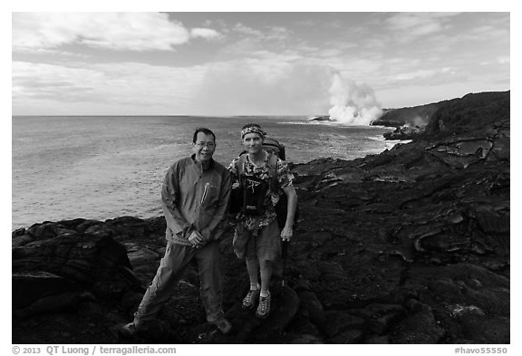 QT Luong and Bryan Lowry at near ocean entry. Hawaii Volcanoes National Park (black and white)