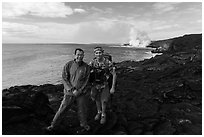 QT Luong and Bryan Lowry at near ocean entry. Hawaii Volcanoes National Park, Hawaii, USA. (black and white)