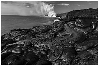 Molten lava flow at the coast. Hawaii Volcanoes National Park, Hawaii, USA. (black and white)