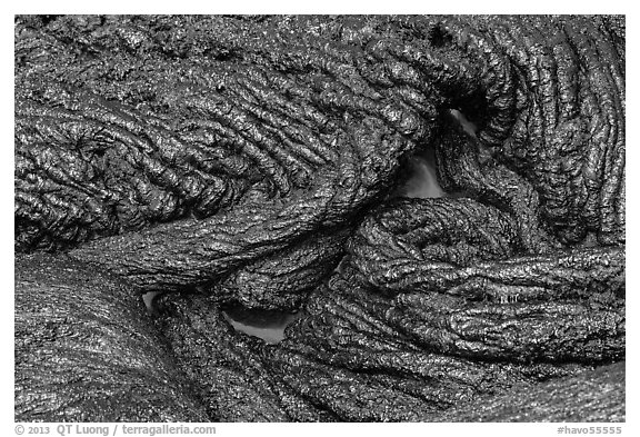Silvery new lava with glow underneath. Hawaii Volcanoes National Park (black and white)