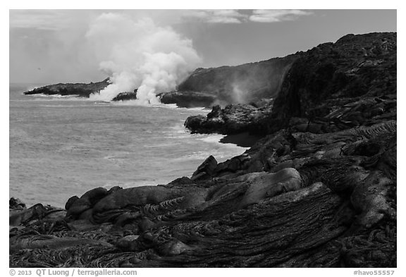 Molten lava flow and ocean plume. Hawaii Volcanoes National Park (black and white)