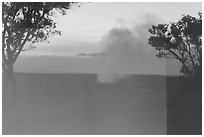 Halemaumau plume, Volcano House window reflexion. Hawaii Volcanoes National Park, Hawaii, USA. (black and white)