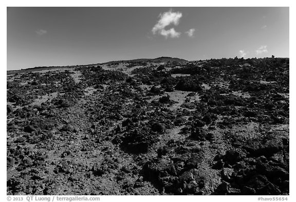 Blocks of aa lava and olivine sand, North Pit, Mauna Loa. Hawaii Volcanoes National Park (black and white)